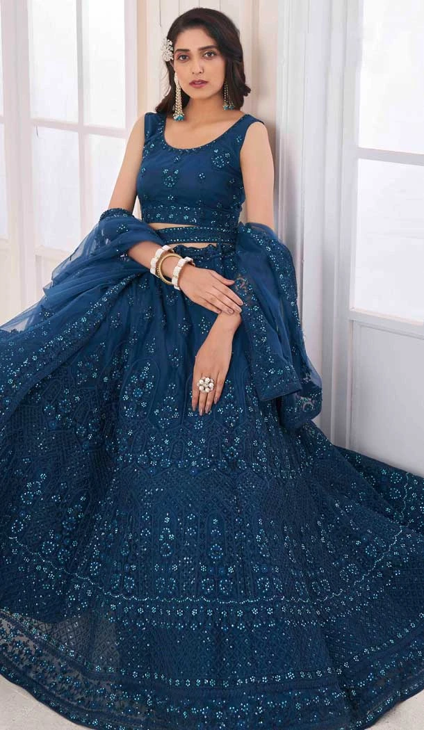 Soft Net Dori Zarkan Work Designer Bridal Wedding Wear Lehenga Choli in Teal Blue -6690171507