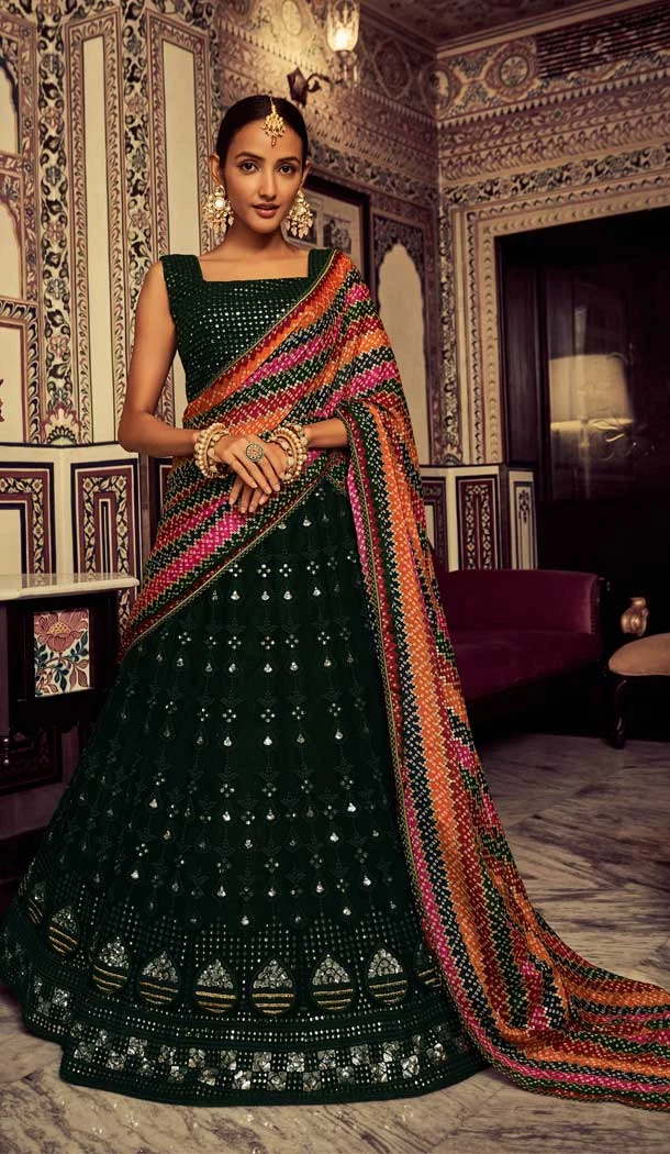 Thread Sequence Work Georgette Traditional Wear Designer Lehenaga in Green -6692171514