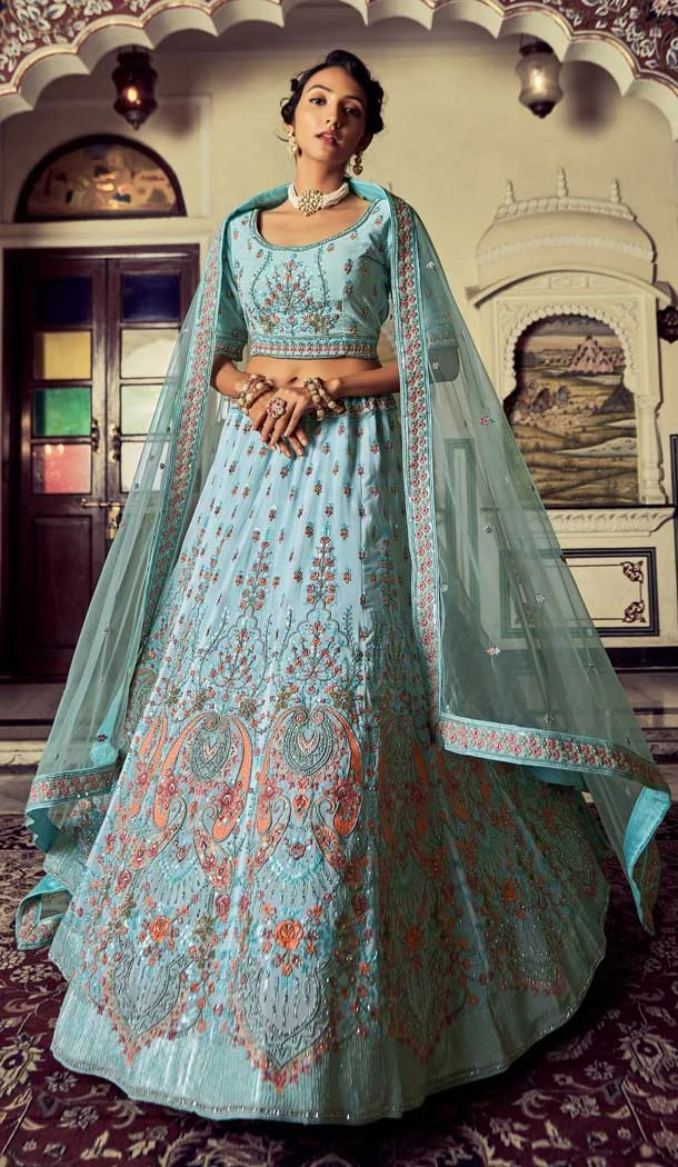 Traditional Wear Georgette Sequence Work Designer Lehenaga Choli in Turquoise -6693171521