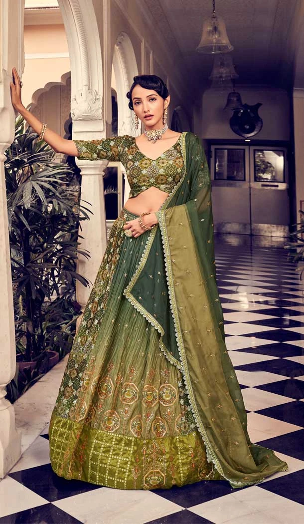 Party Wear Silk Sequence Zari Work Designer Lehenaga Choli in Green -6694171527