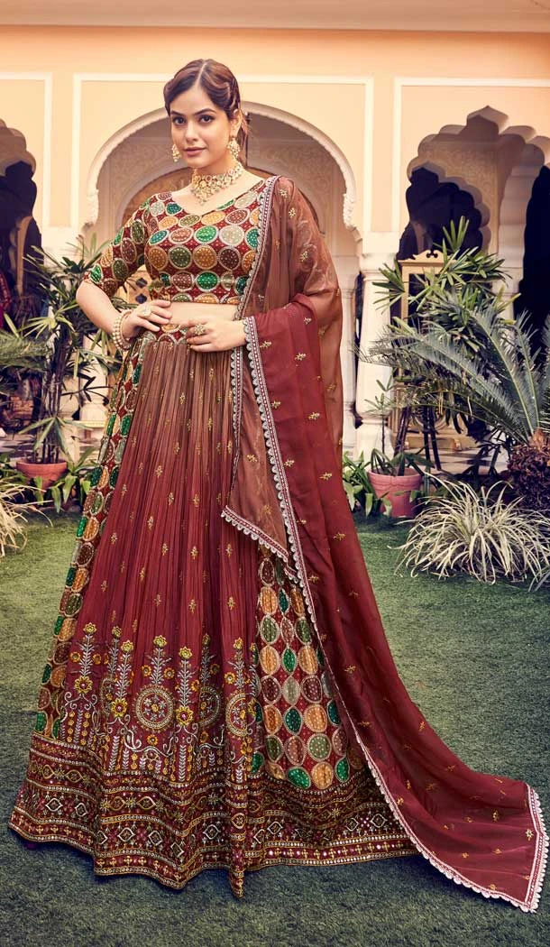 Party Wear Silk Sequence Zari Work Designer Lehenaga Choli in Maroon -6694171528