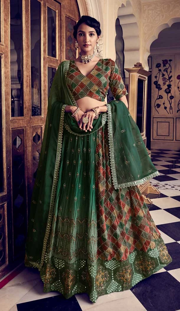 Party Wear Silk Sequence Zari Work Designer Lehenaga Choli in Rama Green -6694171529