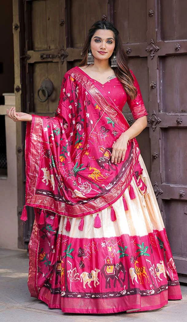 Printed With Foil Work Dola Silk Traditional Party Wear Lehenga Choli in Pink -6975173574