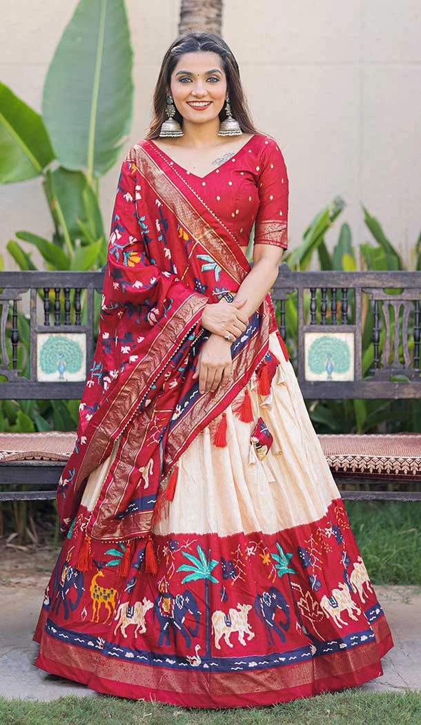 Printed With Foil Work Dola Silk Traditional Party Wear Lehenga Choli in Red -6975173575