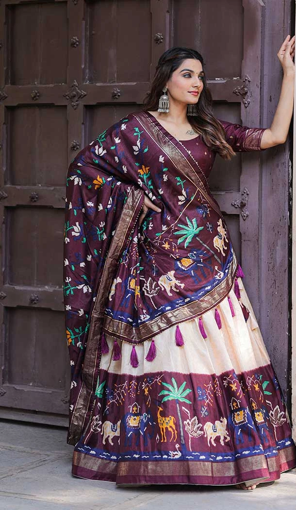 Printed With Foil Work Dola Silk Traditional Party Wear Lehenga Choli in Wine -6975173576