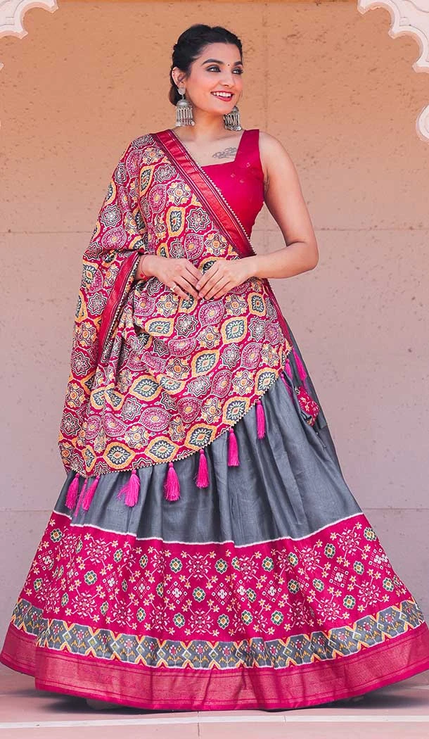 Dola Silk Printed With Foil Work Traditional Party Wear Lehenga Choli in Grey -6976173579