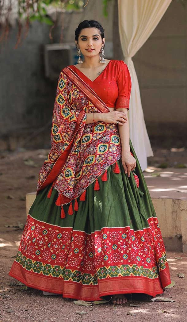 Dola Silk Printed With Foil Work Traditional Party Wear Lehenga Choli in Mehendi Green -6976173580