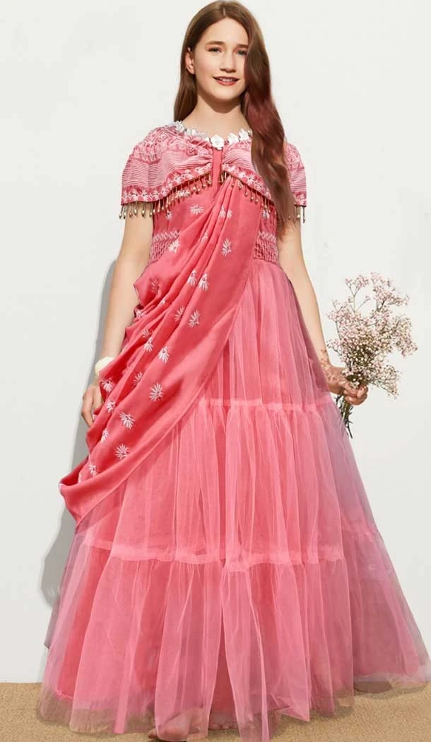 Muslin Soft Net Thread Work Designer Girls Wear Readymade Gown in Pink -6990173639