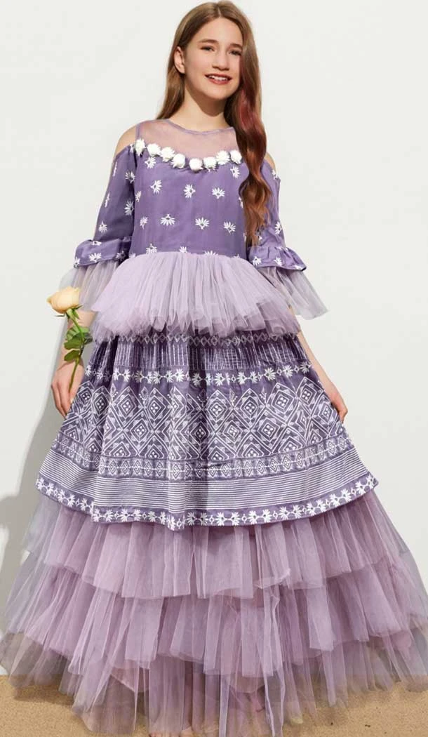 Muslin Soft Net Thread Work Designer Girls Wear Readymade Gown in Purple -6990173640
