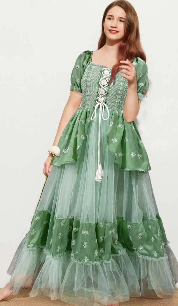 Muslin Soft Net Thread Work Designer Girls Wear Readymade Gown in Green -6990173641