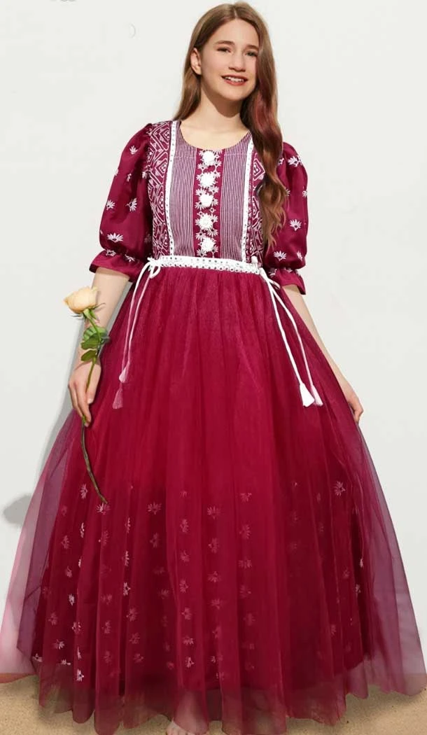 Muslin Soft Net Thread Work Designer Girls Wear Readymade Gown in Maroon -6990173644