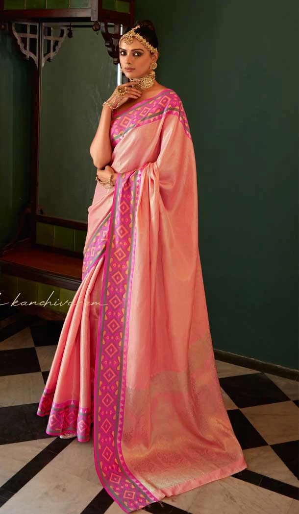 Kanchivaram Silk Jacquard Work Party Wear Saree Blouse in Peach Pink -6728171806