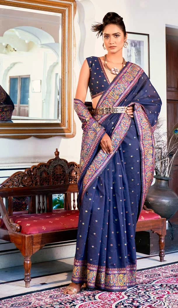 Pure Kashmiri Silk Weaving Work Traditional Wear Saree Blouse in Navy Blue -6729171812