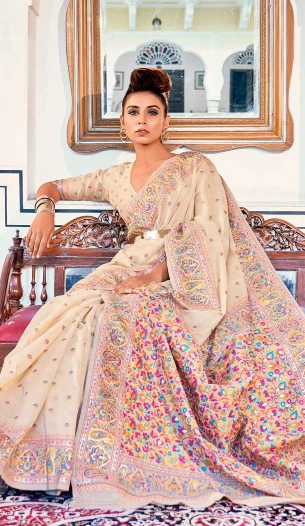 Pure Kashmiri Silk Weaving Work Traditional Wear Saree Blouse in Beige -6729171813