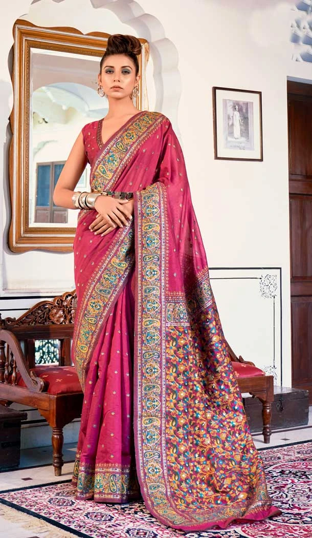 Pure Kashmiri Silk Weaving Work Traditional Wear Saree Blouse in Pink -6729171814