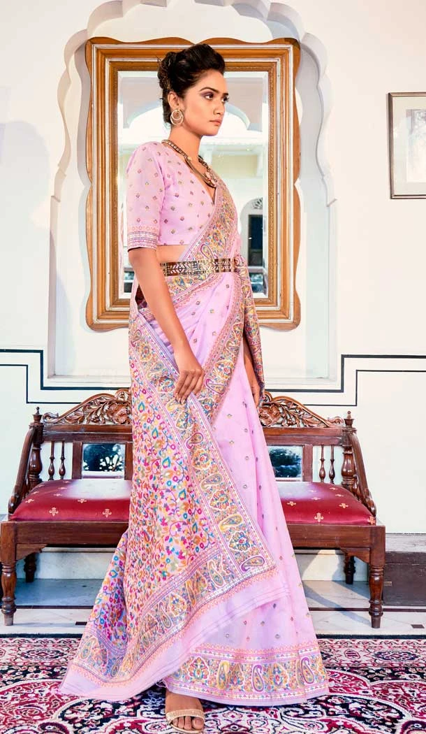Pure Kashmiri Silk Weaving Work Traditional Wear Saree Blouse in Light Pink -6729171815