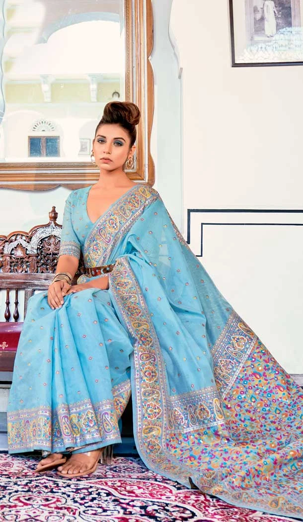 Pure Kashmiri Silk Weaving Work Traditional Wear Saree Blouse in Sky Blue -6729171816