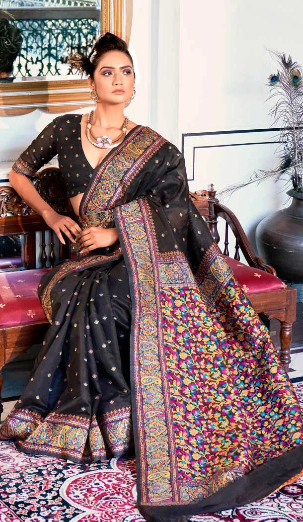 Pure Kashmiri Silk Weaving Work Traditional Wear Saree Blouse in Black -6729171817