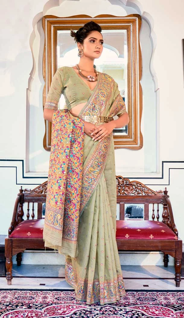 Pure Kashmiri Silk Weaving Work Traditional Wear Saree Blouse in Pista -6729171818