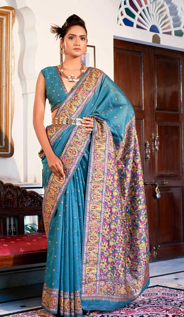 Pure Kashmiri Silk Weaving Work Traditional Wear Saree Blouse in Rama Blue -6729171819