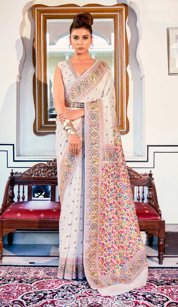 Pure Kashmiri Silk Weaving Work Traditional Wear Saree Blouse in White -6729171821