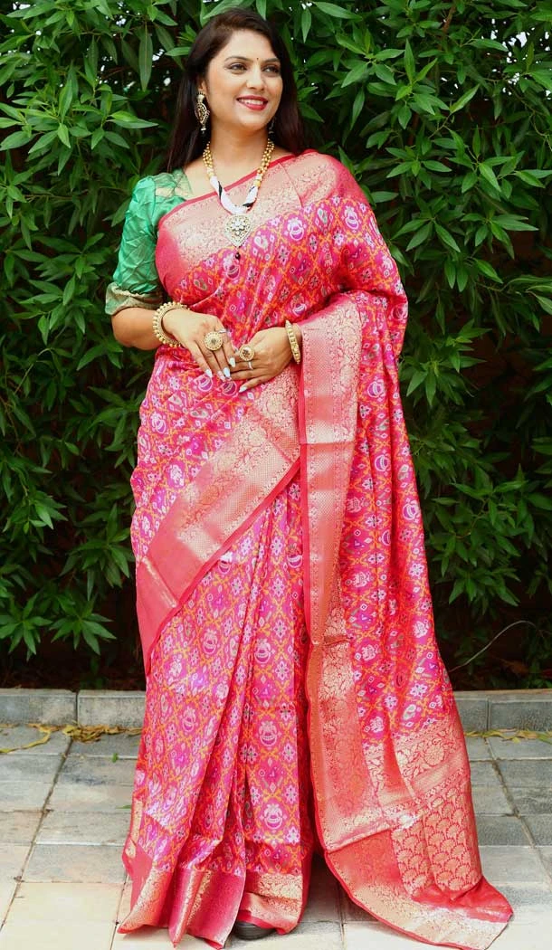 Jacquard Work Patola Silk Designer Party Wear Saree Blouse in Rani Pink -6805172328