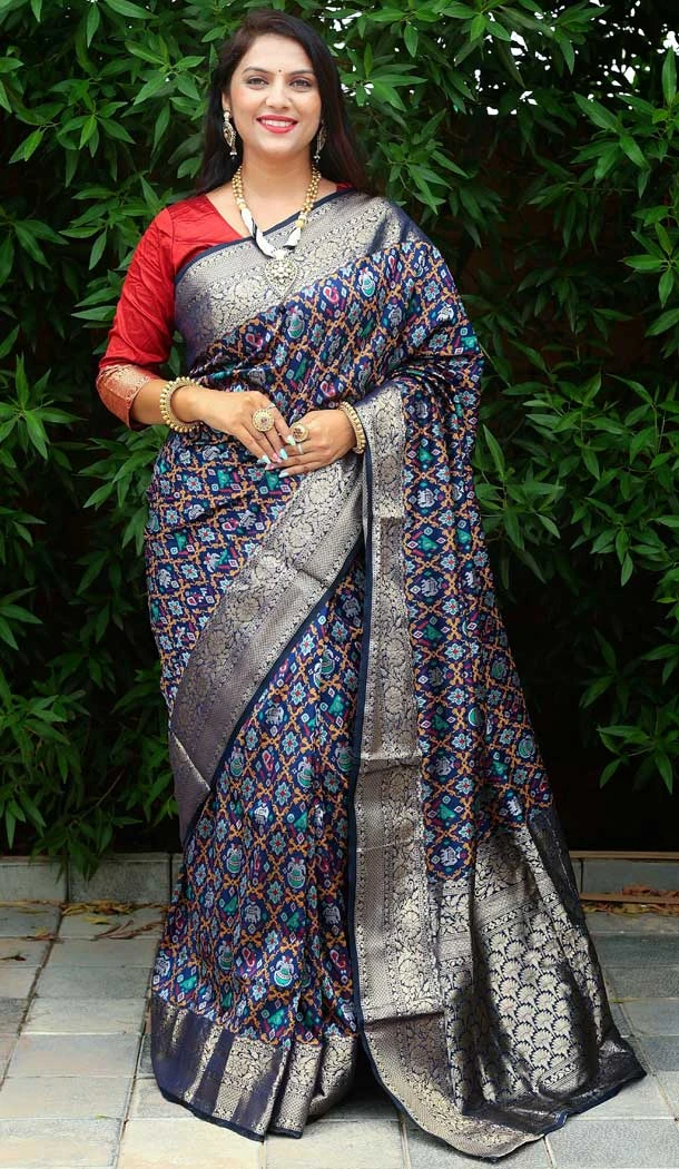 Jacquard Work Patola Silk Designer Party Wear Saree Blouse in Navy Blue -6805172331