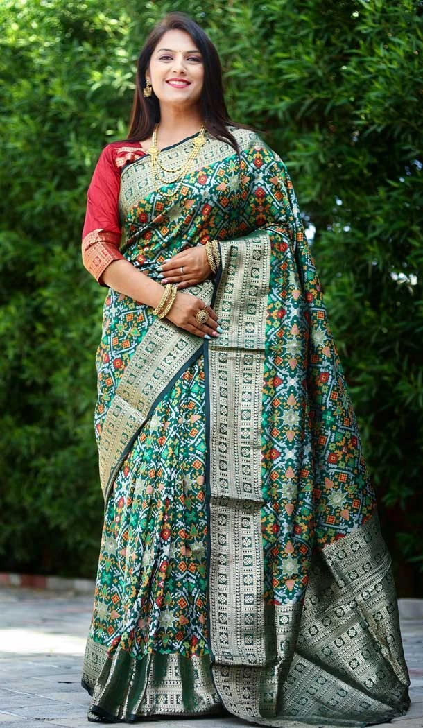 Jacquard Work Patola Silk Traditional Party Wear Saree Blouse in Green -6807172341