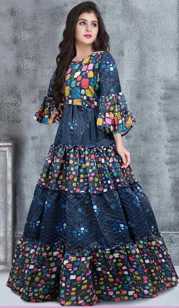 Chanderi Silk Sequence Thread Work Designer Girls Wear Gown Dress in Blue -6991173645