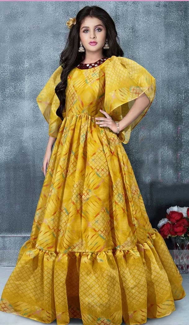 Chanderi Silk Sequence Thread Work Designer Girls Wear Gown Yellow -6991173648