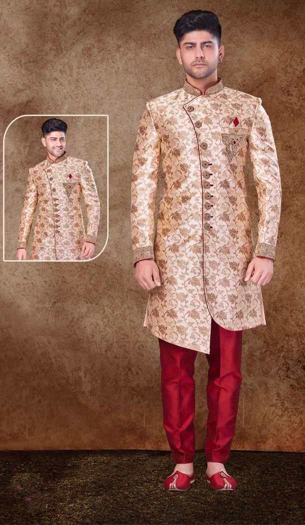 Charming Gold Jacquard Hand work Readymade Designer Men's Wear Sherwani -6803172304