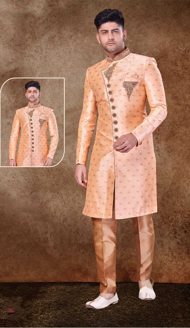 Jacquard Hand work Readymade Designer Men's Wear Sherwani in Peach -6803172313