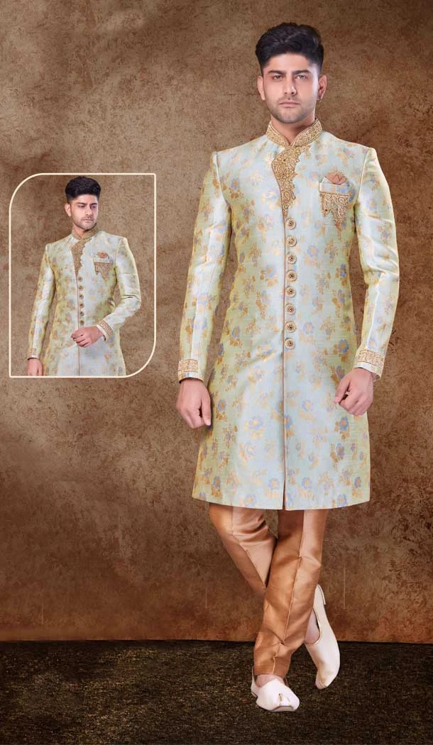 Cream Jacquard Hand work Readymade Designer Men's Wear Sherwani -6803172314