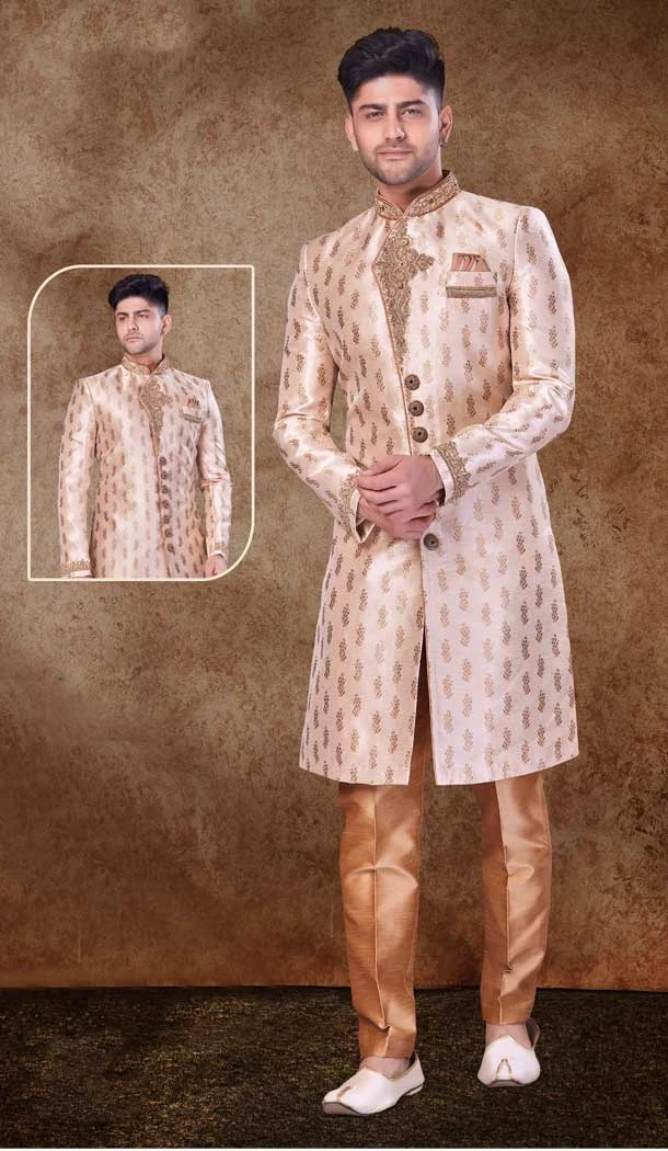 Light Chiku Jacquard Hand work Readymade Designer Men's Wear Sherwani -6803172315