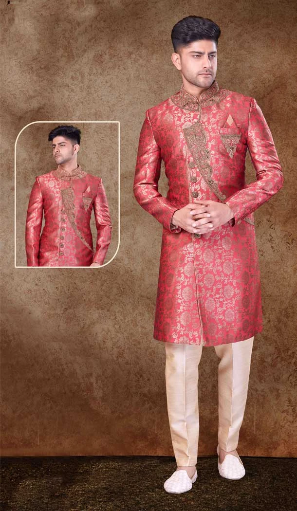 Jacquard Hand work Readymade Designer Men's Wear Sherwani in Redish Maroon -6803172317