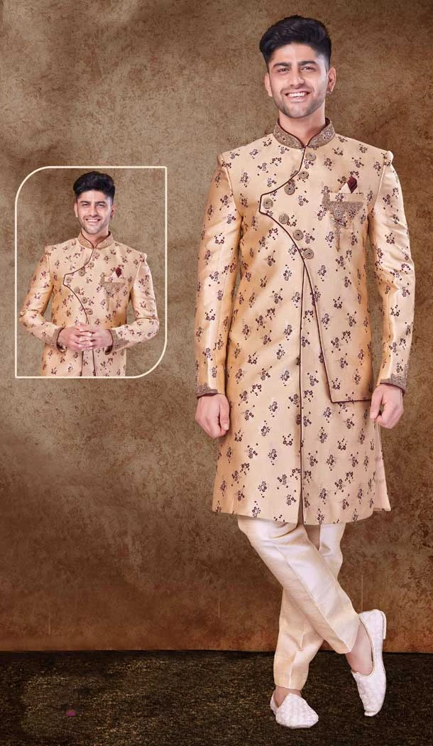 Jacquard Hand work Readymade Designer Men's Wear Sherwani in Onion Pink -6803172318