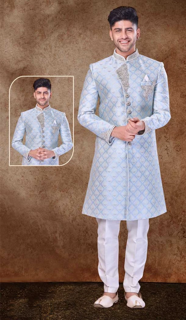 Jacquard Hand work Readymade Designer Men's Wear Sherwani in Sky Blue -6803172319