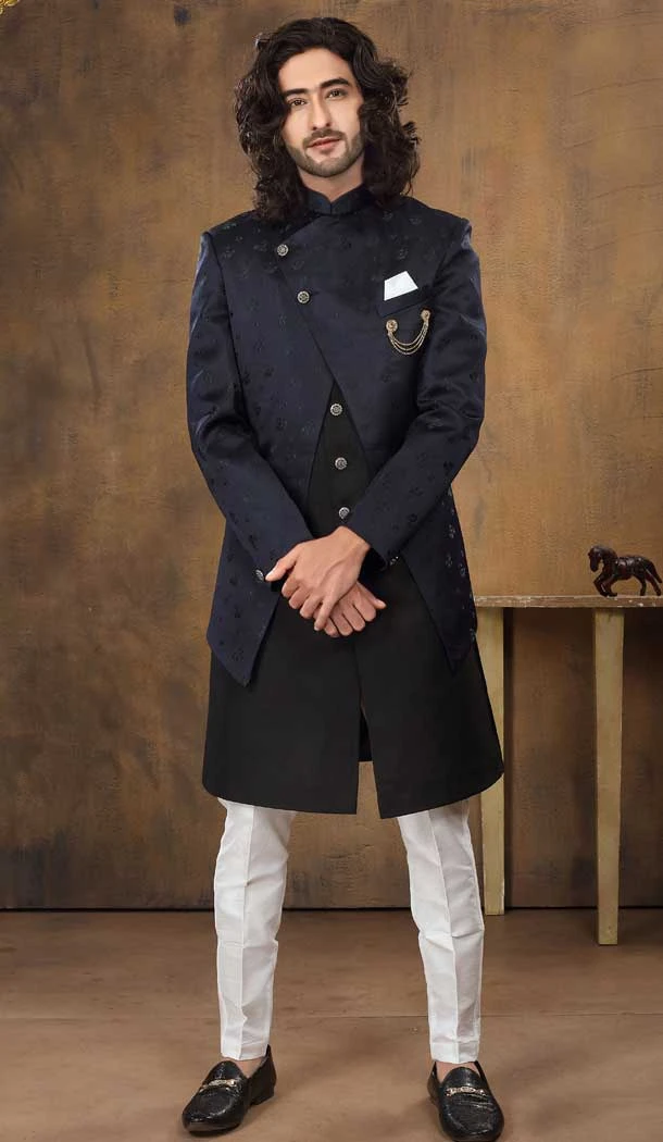 Navy and Black Color Imported Fabric Designer Readymade Men's Indo-Western -6817172434
