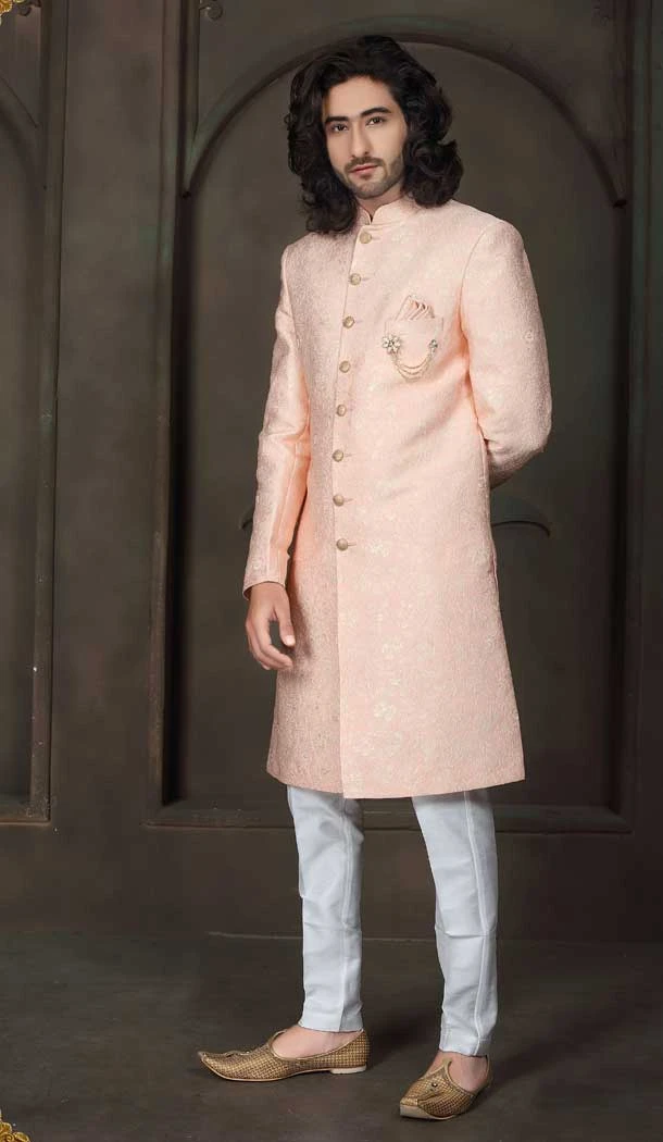 Peach Color Imported Fabric Designer Readymade Men's Indo-Western -6817172436