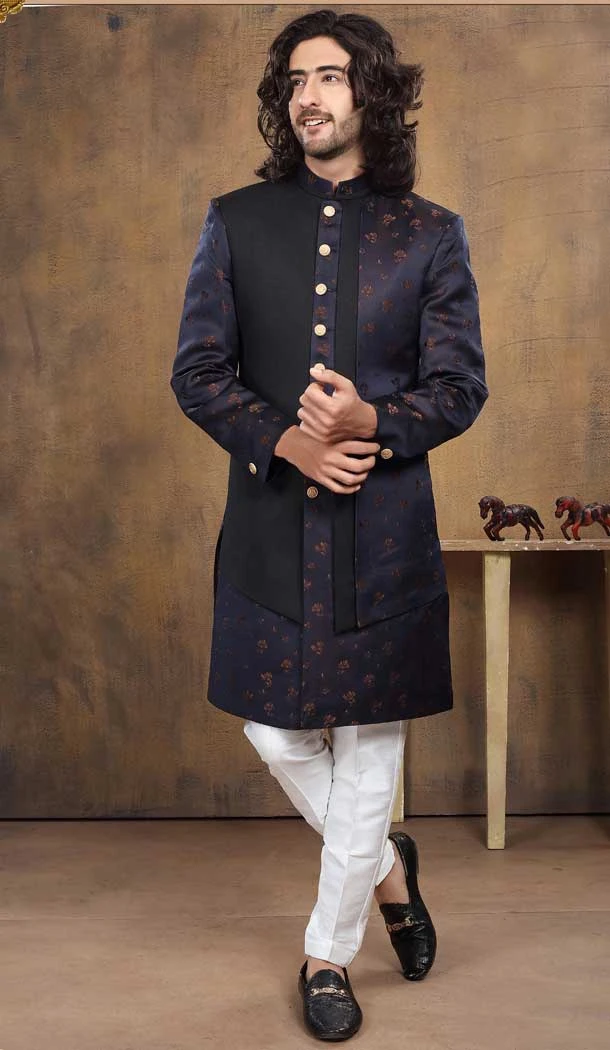 Imported Fabric Designer Readymade Men's Indo-Western in Navy Blue -6817172439