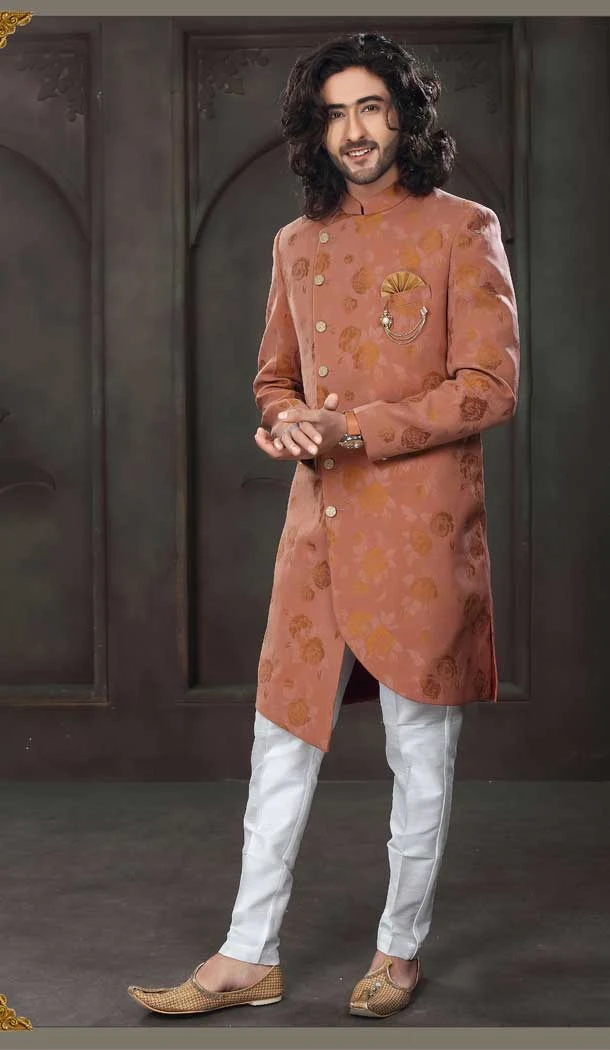 Imported Fabric Designer Readymade Men's Indo-Western in Rust -6817172443