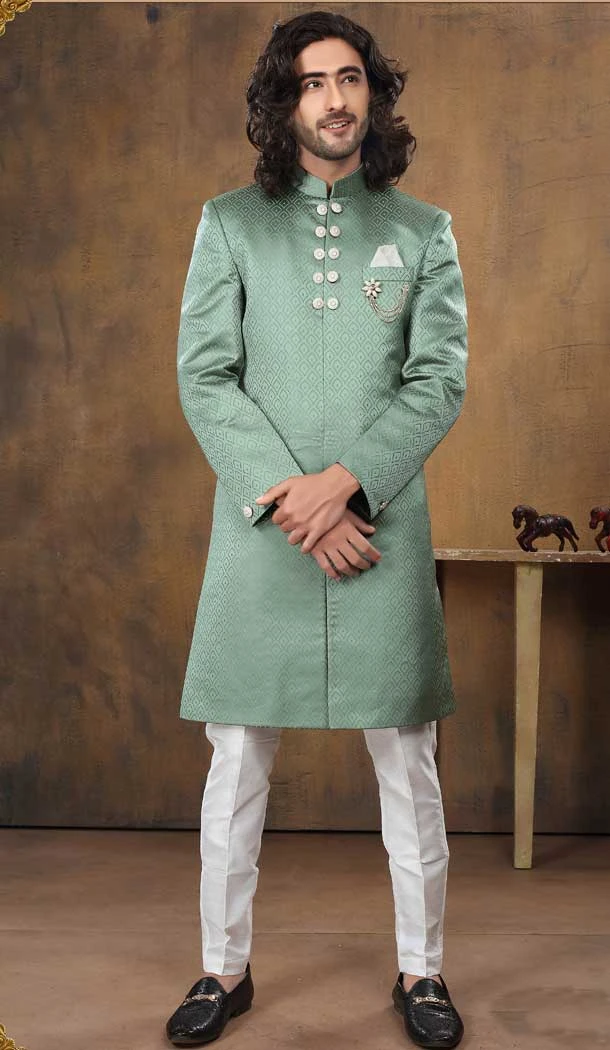 Imported Fabric Designer Readymade Men's Indo-Western in Green -6817172445