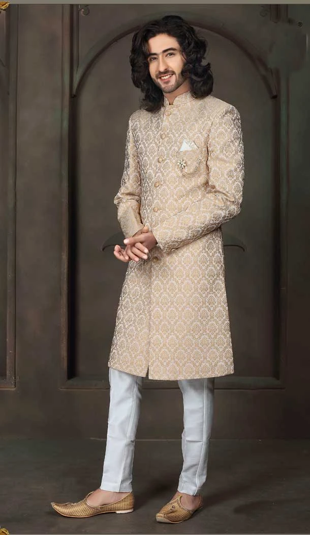 Imported Fabric Designer Readymade Men's Indo-Western in Cream -6817172448