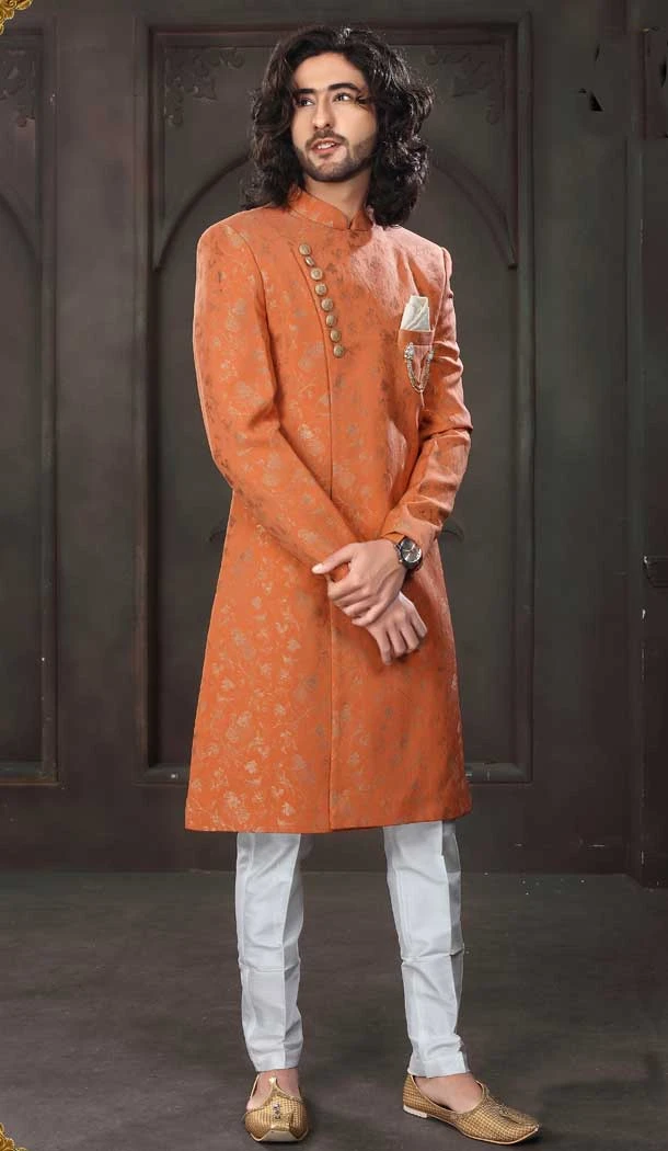 Imported Fabric Designer Readymade Men's Indo-Western in Orange -6817172451