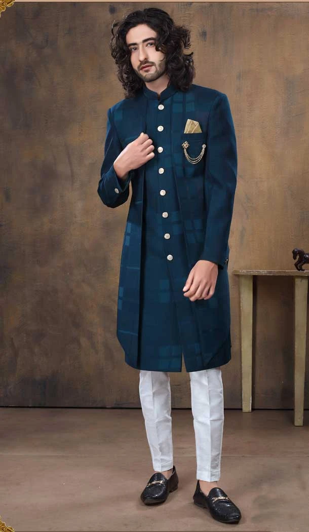 Imported Fabric Designer Readymade Men's Indo-Western in Rama Blue -6817172452