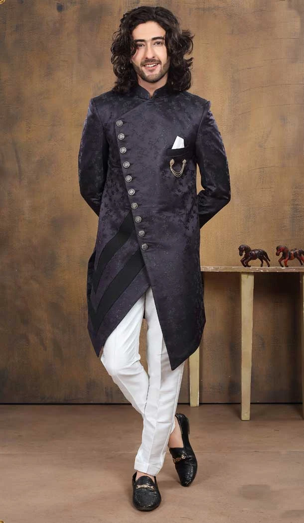 Imported Fabric Designer Readymade Men's Indo-Western in Navy Blue Color -6817172455