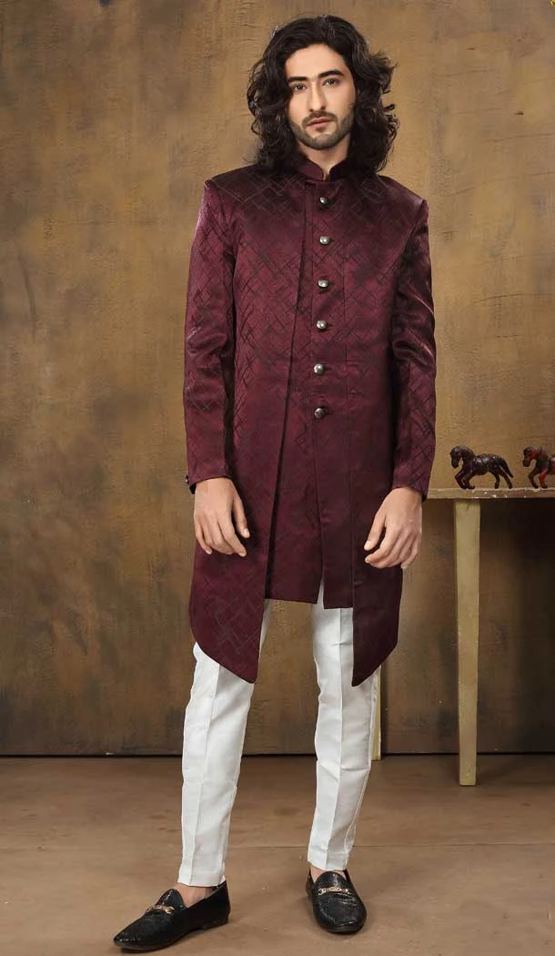Imported Fabric Designer Readymade Men's Indo-Western in Maroon -6817172457