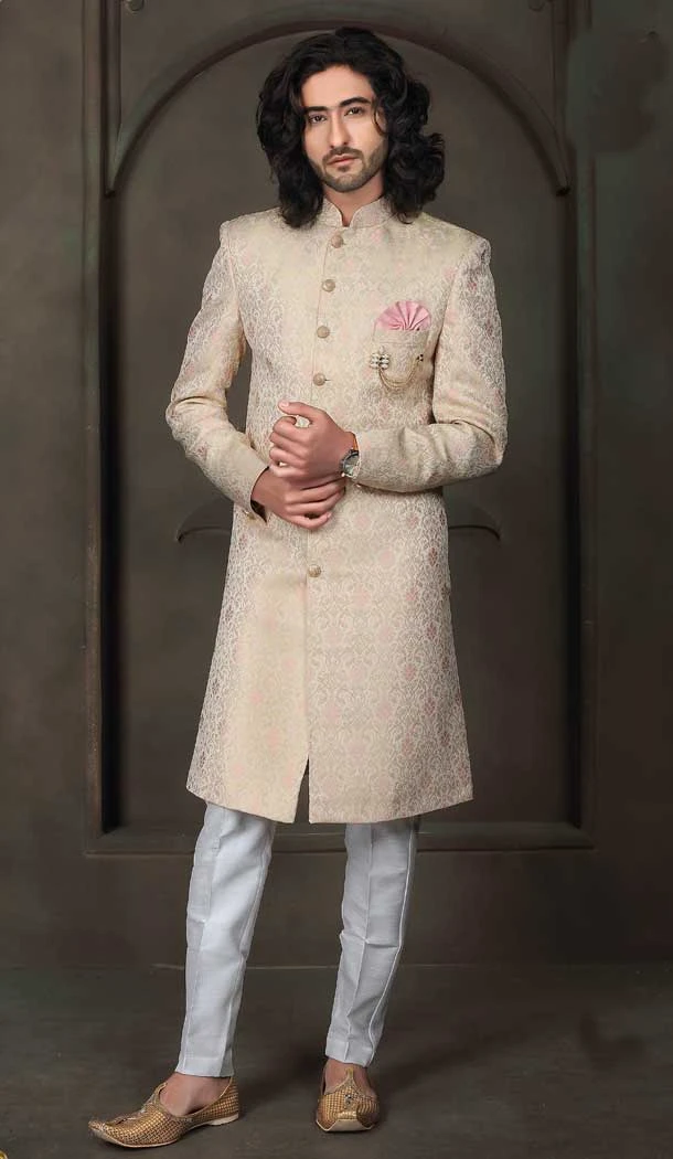 Cream Imported Fabric Designer Readymade Men's Indo-Western in Black -6817172461