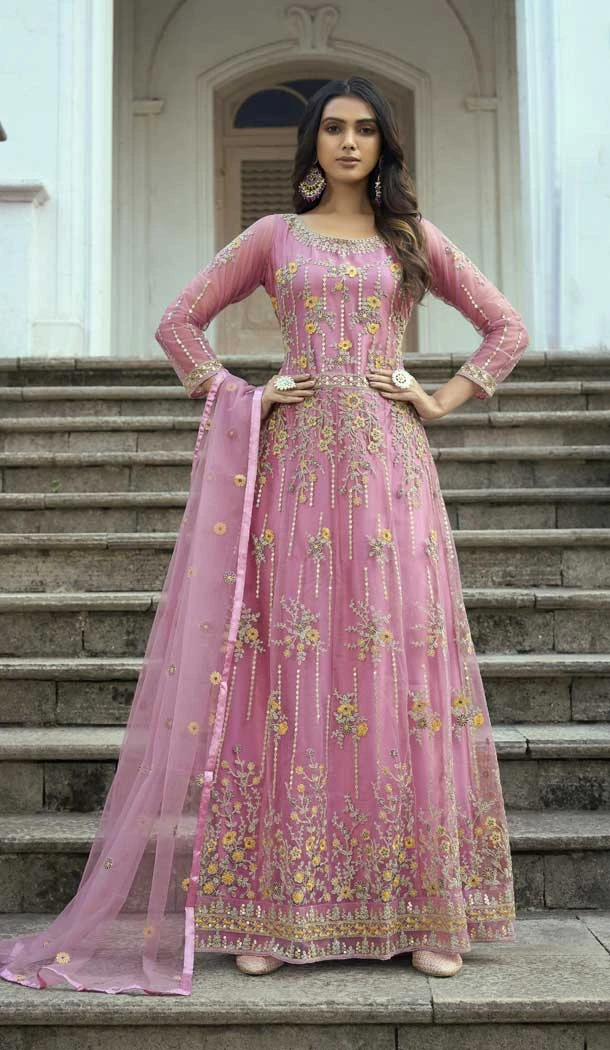 Heavy Butterfly Net Embroidery Work Party Wear Gown Dress in Light Pink -6835172633