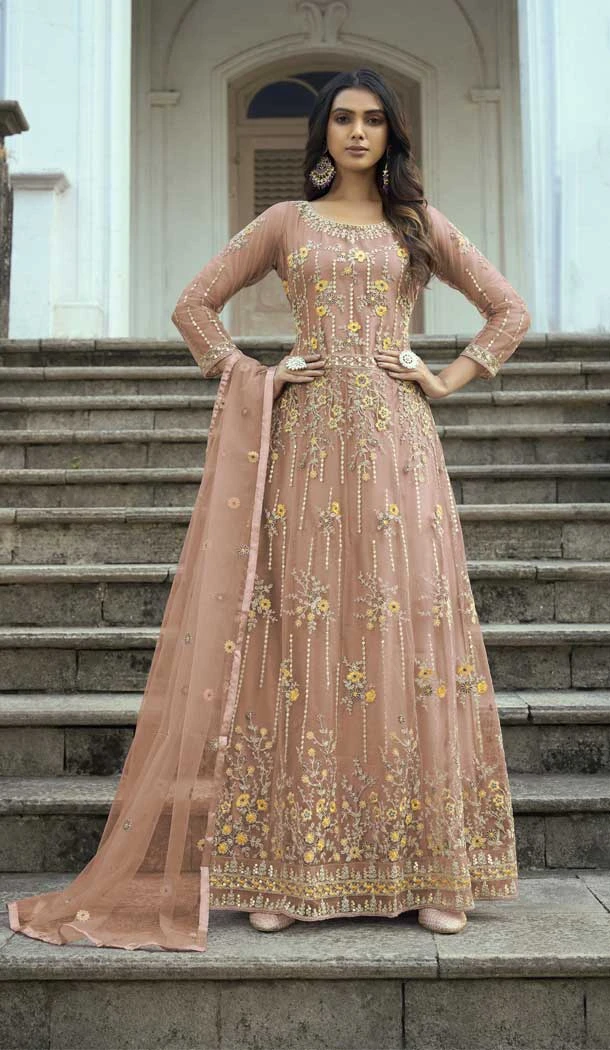 Heavy Butterfly Net Embroidery Work Party Wear Gown Dress in Beige -6835172635